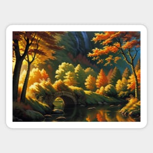 Autumn Bridge Through a Serene Lake Sticker